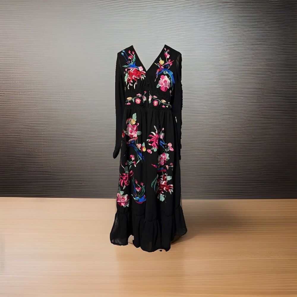 ASOS Floral Embroidered Black Tea Length Feminine Soft Grunge Dress 4